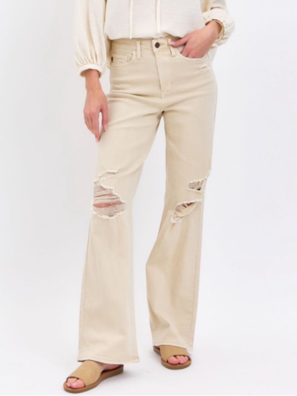 Zenana Outfitters Cream High-Rise Distressed Wide-Leg Jeans